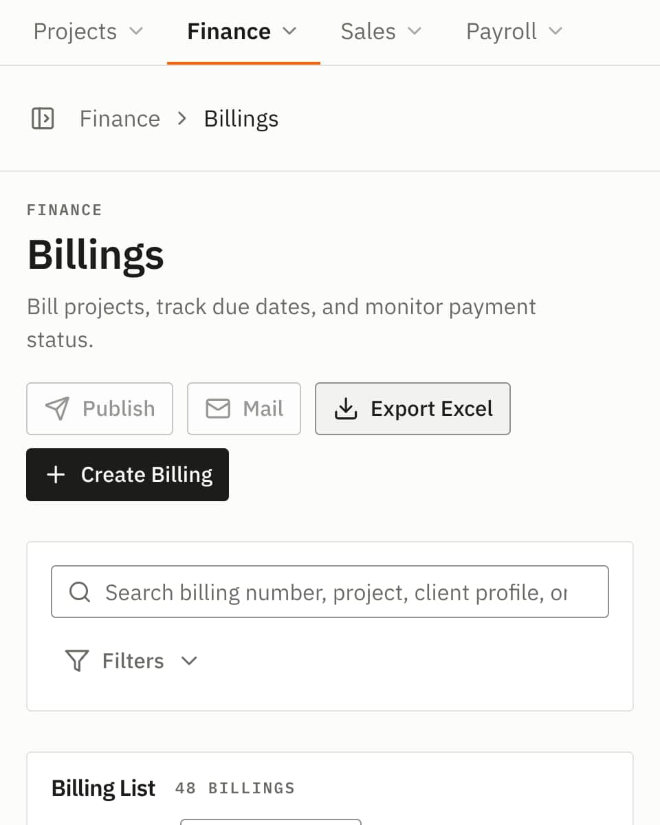 Eleve billings on a phone: billing actions, search and the 48-billing list.