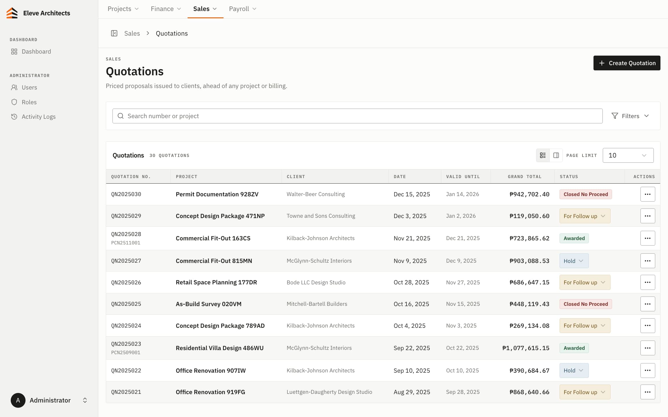 Eleve quotations: 30 priced proposals with client, validity dates, grand totals and a follow-up status for each.